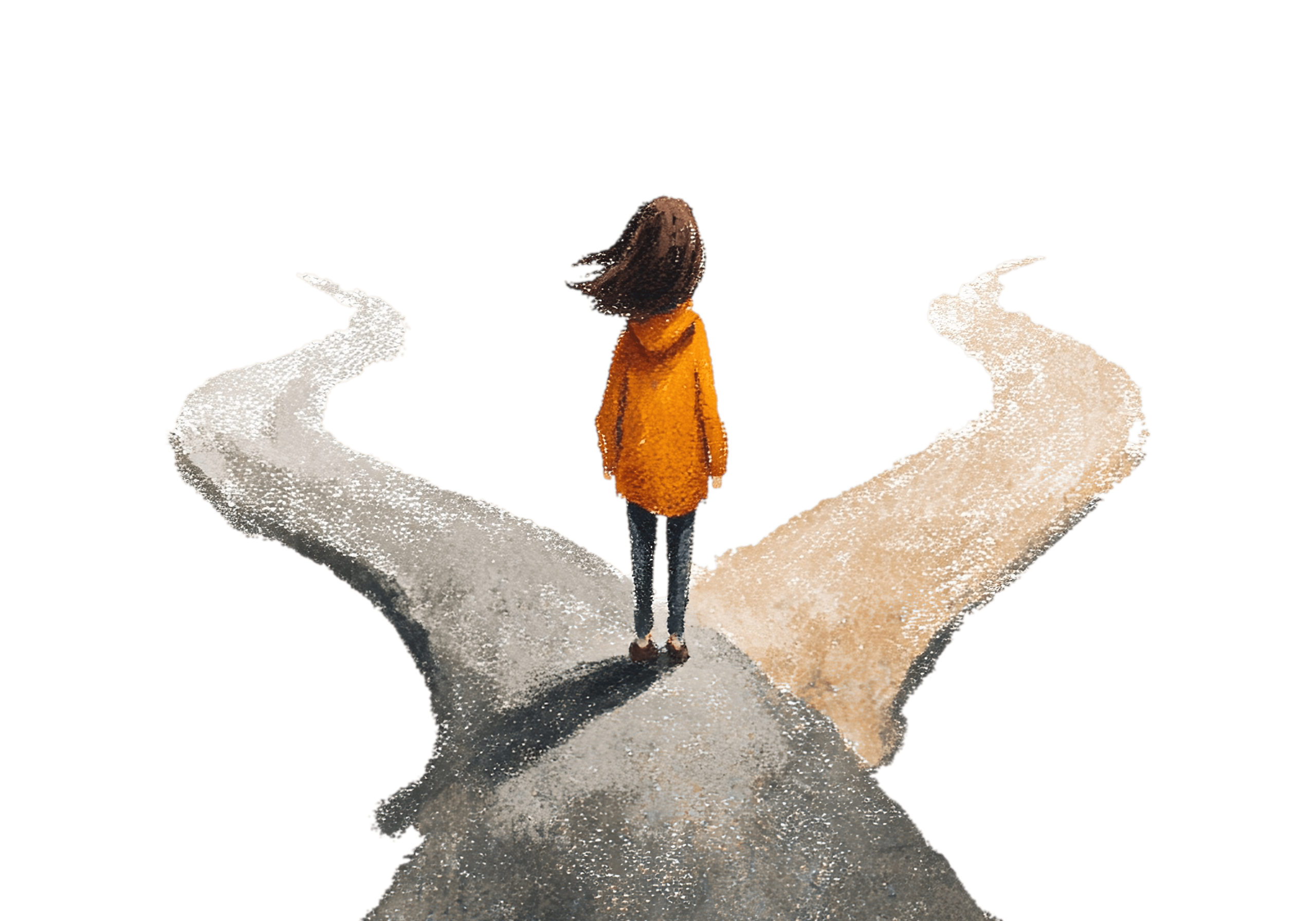 the woman stands facing a fork in the road